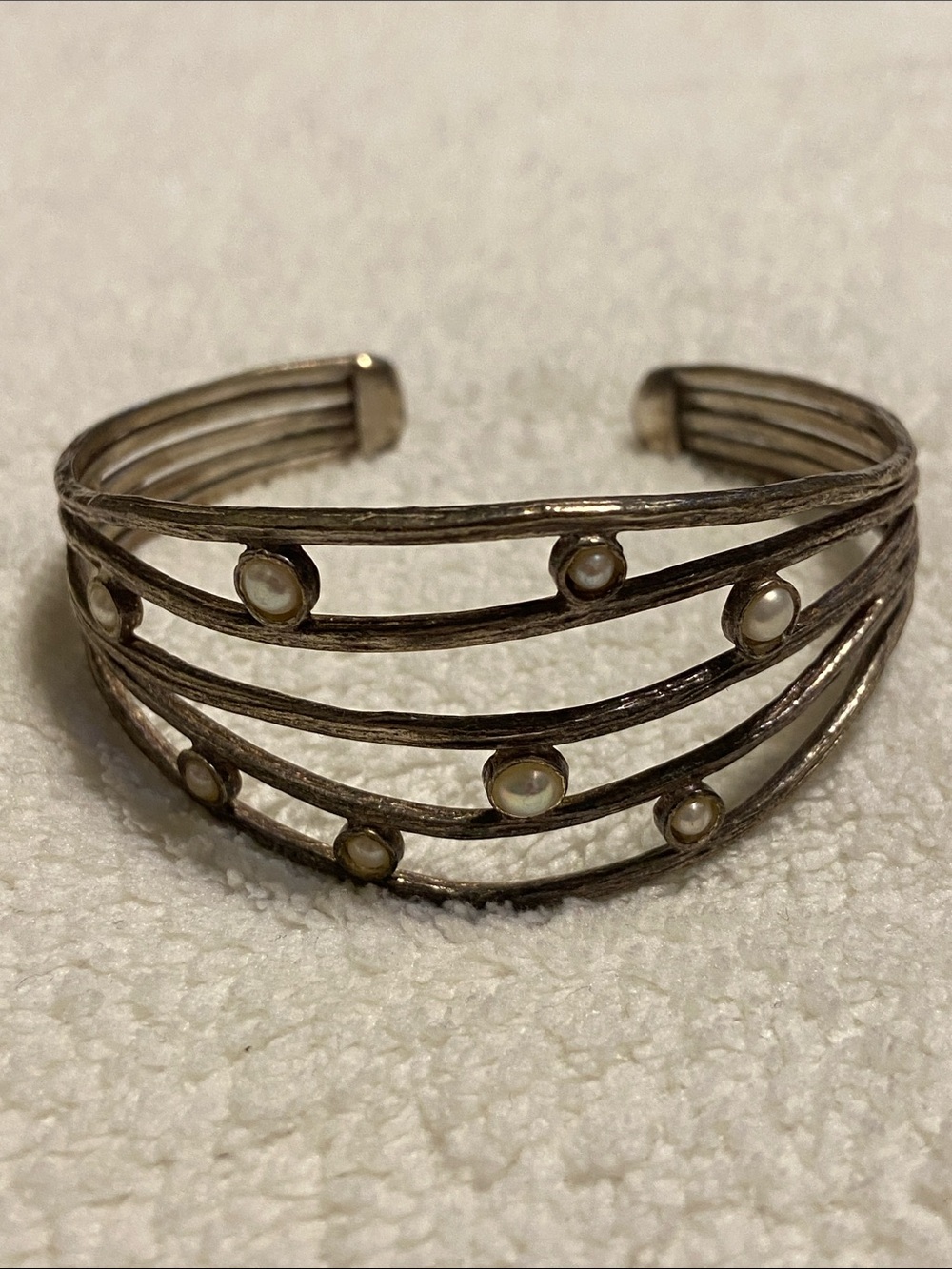 Sterling Silver 925 Multi-Band Pearl Accent Cuff Bracelet
